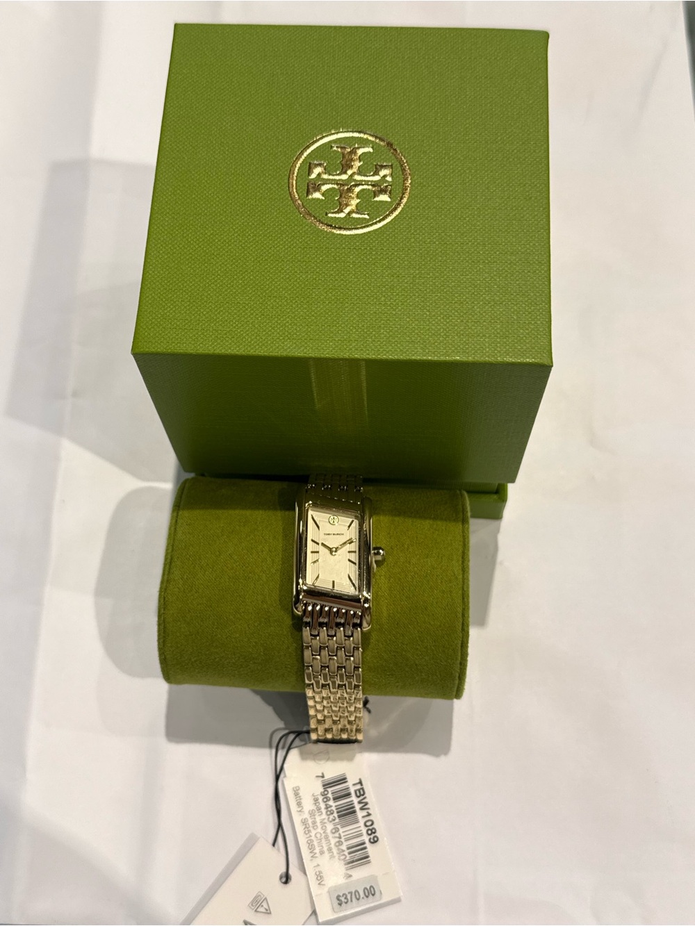 Tory Burch Eleanor Womens Gold Watch, Angled Rectangular Dial, Double T Clasp